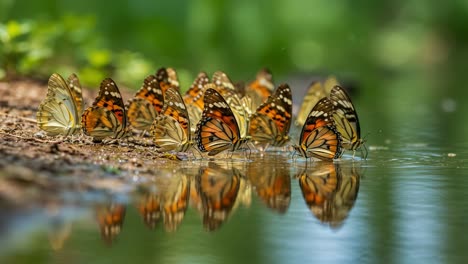 a vibrant gathering: monarch butterflies reflecting on water's surface in a serene natural setting, showcasing their bright colors and graceful movements