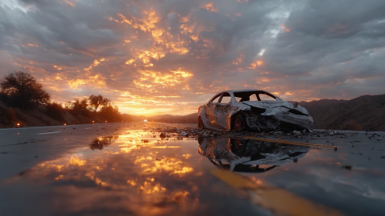 A Dramatic Sunset Over an Abandoned Wrecked Car on an Empty Road, Highlighting the Beauty of Nature Amidst Human Ruins and Reflections on Wet Pavement