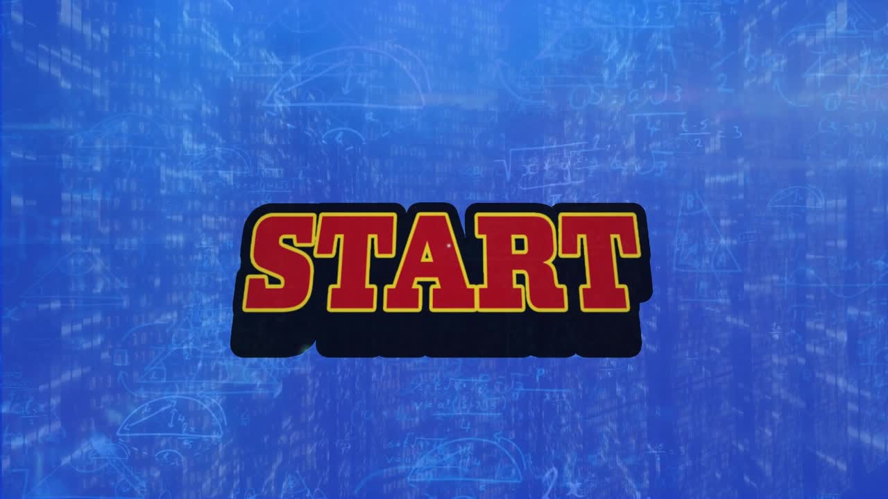 Animation of red start text with explosive vector over computer language and mathematical formulas