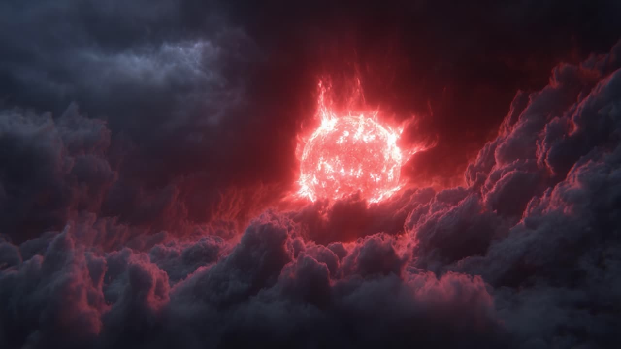 A Dramatic Cosmic Event Captured in Two Frames: An Eruptive Celestial Body Illuminates the Dark Clouds with Fiery Red Light Against a Turbulent Sky