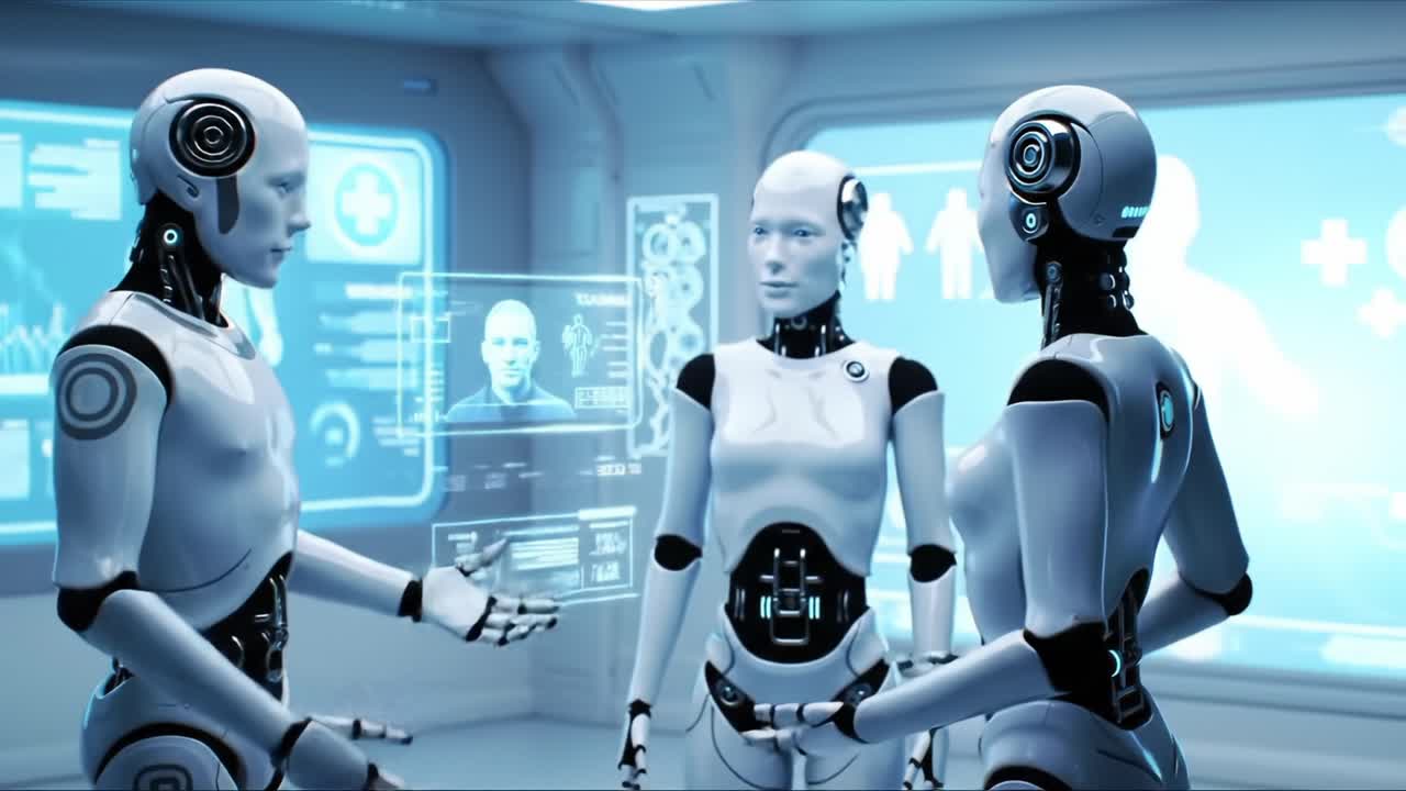 A Futuristic Gathering of Advanced Androids Engaged in Thoughtful Dialogue Within a High-Tech Environment, Showcasing Intelligent Design and Collaborative Interaction