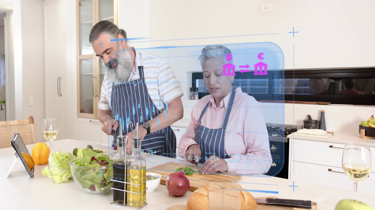 Couple chopping veg at kitchen island, consulting tablet and overlay guiding salad preparation