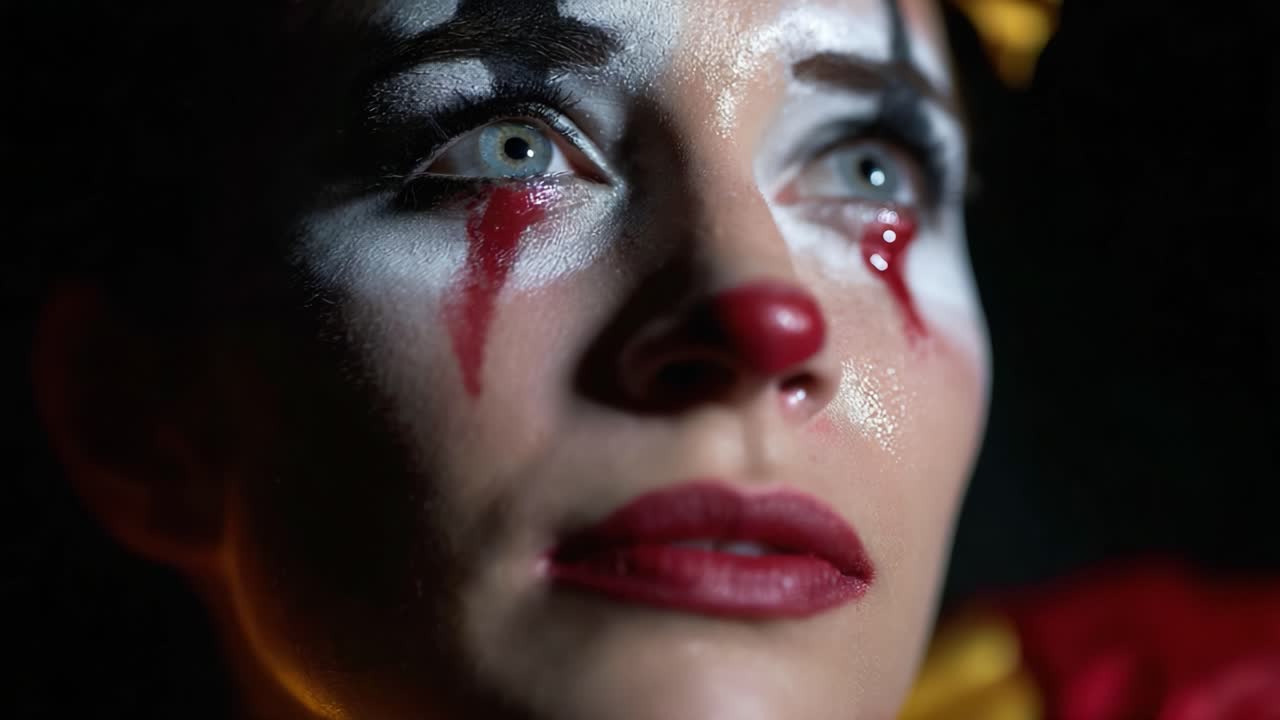 Emotional Close-Up of a Clown Portraying Sadness with Tear-Streaked Face and Dramatic Makeup, Capturing a Moment of Vulnerability and Introspection