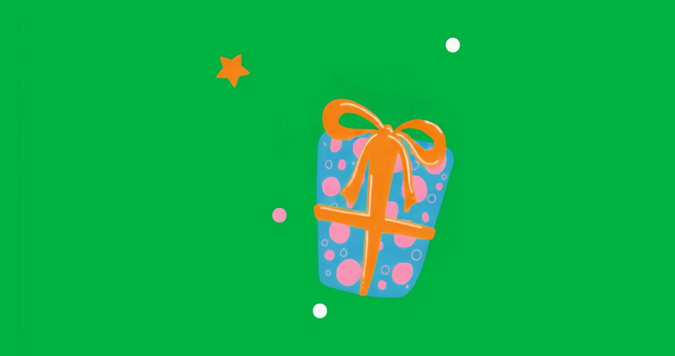 Scatola regalo blu con glitch iniziale, icona a stella che appare e rumore sfarfallante su sfondo trasparente