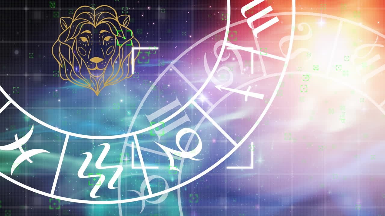 초록색과 파란색 배경에 레오 별자리와 호로스코프 조디악 별자리 바 ⁇ 의 애니메이션