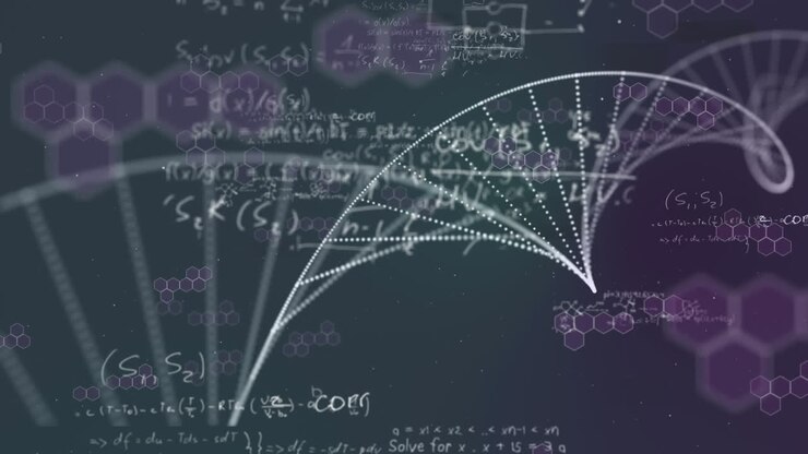 Mathematische Gleichungen, DNA- und chemische Strukturen schweben vor lila Hintergrund