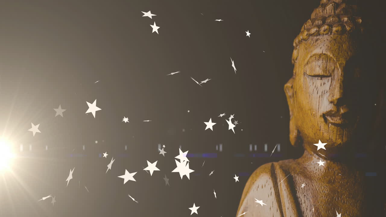 Floating stars creating serene atmosphere around Buddha statue in animation scene