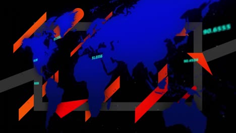 Animation-of-world-map-and-shapes-on-black-background