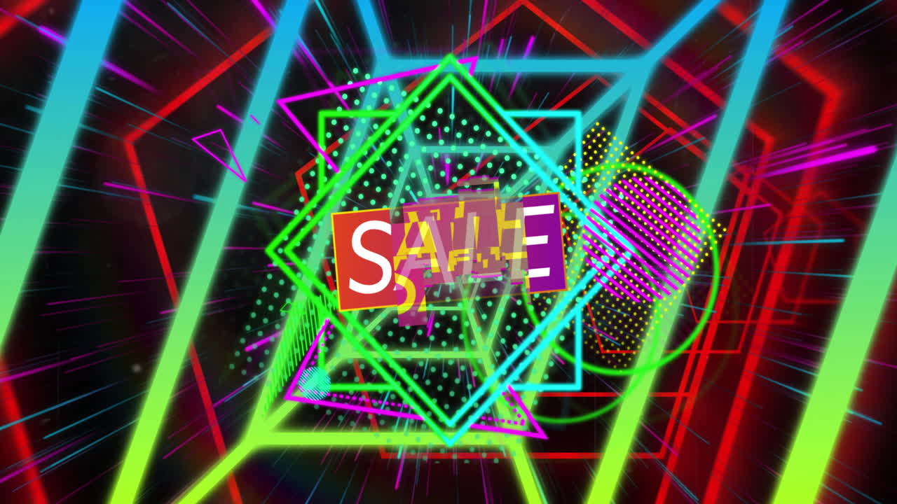 Rectangular SALE banner being showcased amid neon shapes and lines in futuristic illustration