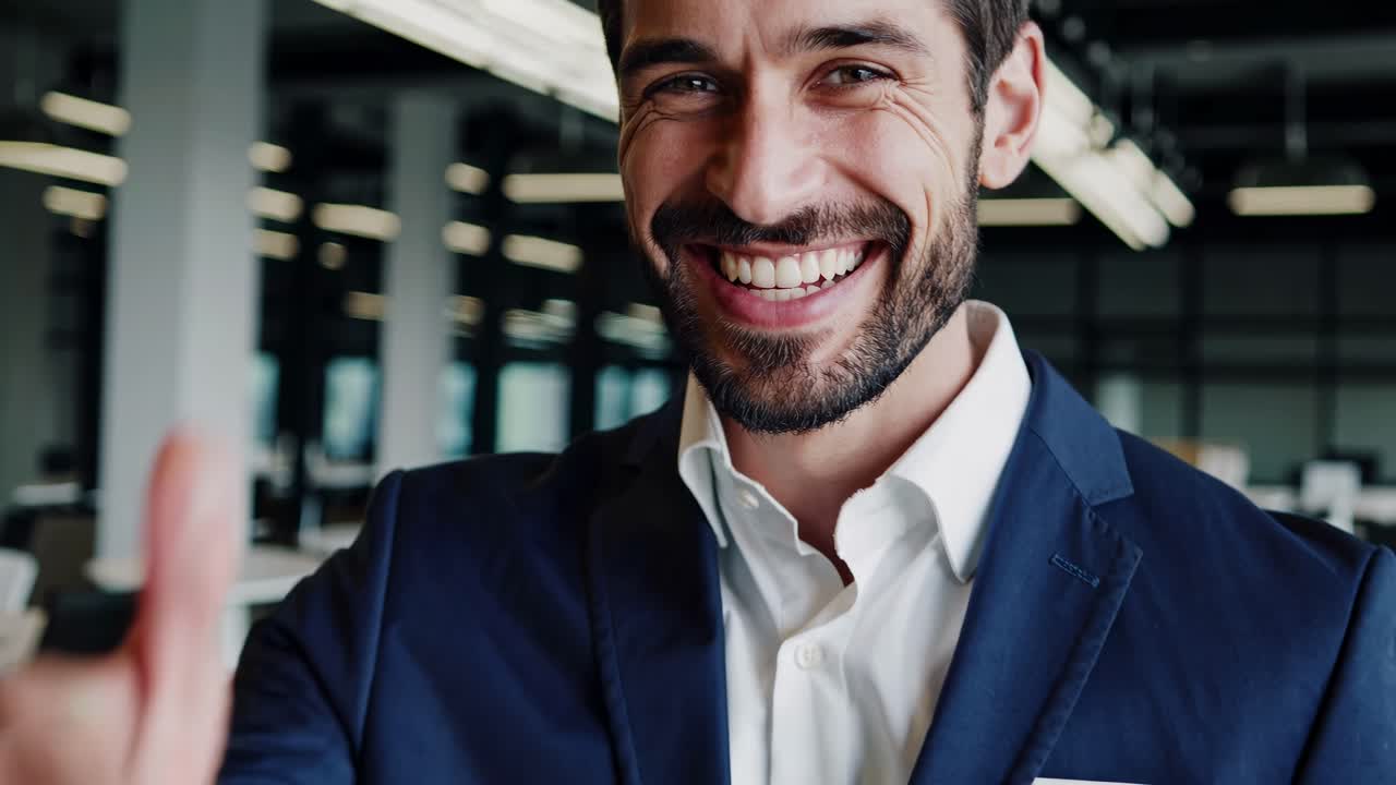 Close-up, eye-level shot of a smiling man in a suit giving a thumbs-up in an office