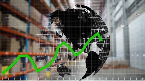 procesamiento de datos estadísticos sobre el globo giratorio contra el almacén en el fondo
