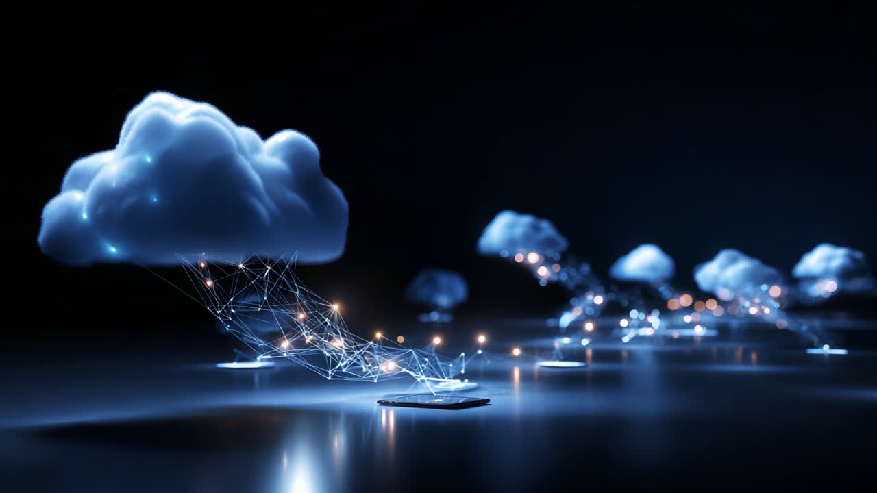 A Futuristic Representation of Cloud Computing, Highlighting the Connection Between Digital Data and Cloud Technology with Ethereal Visuals and Abstract Imagery Conveying Innovation