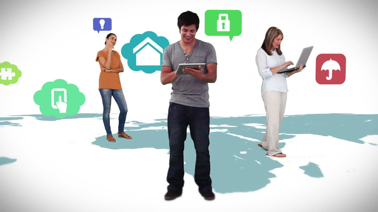 personas casuales de pie en el mapa con iconos de aplicaciones