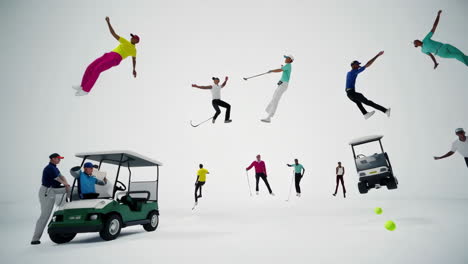 golfers in motion with golf cart and golf balls
