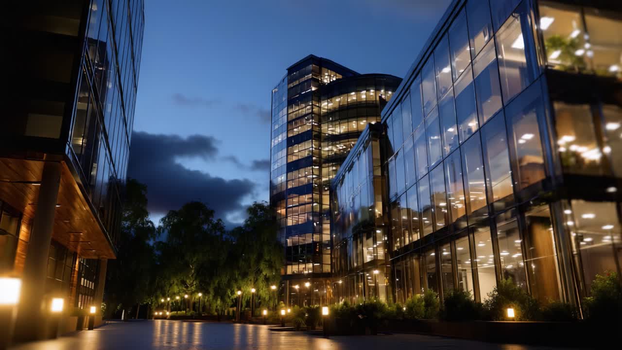 Uma paisagem urbana moderna ao entardecer, com edifícios elegantes de vidro refletindo o céu noturno e emitindo um brilho quente em um cenário urbano tranquilo