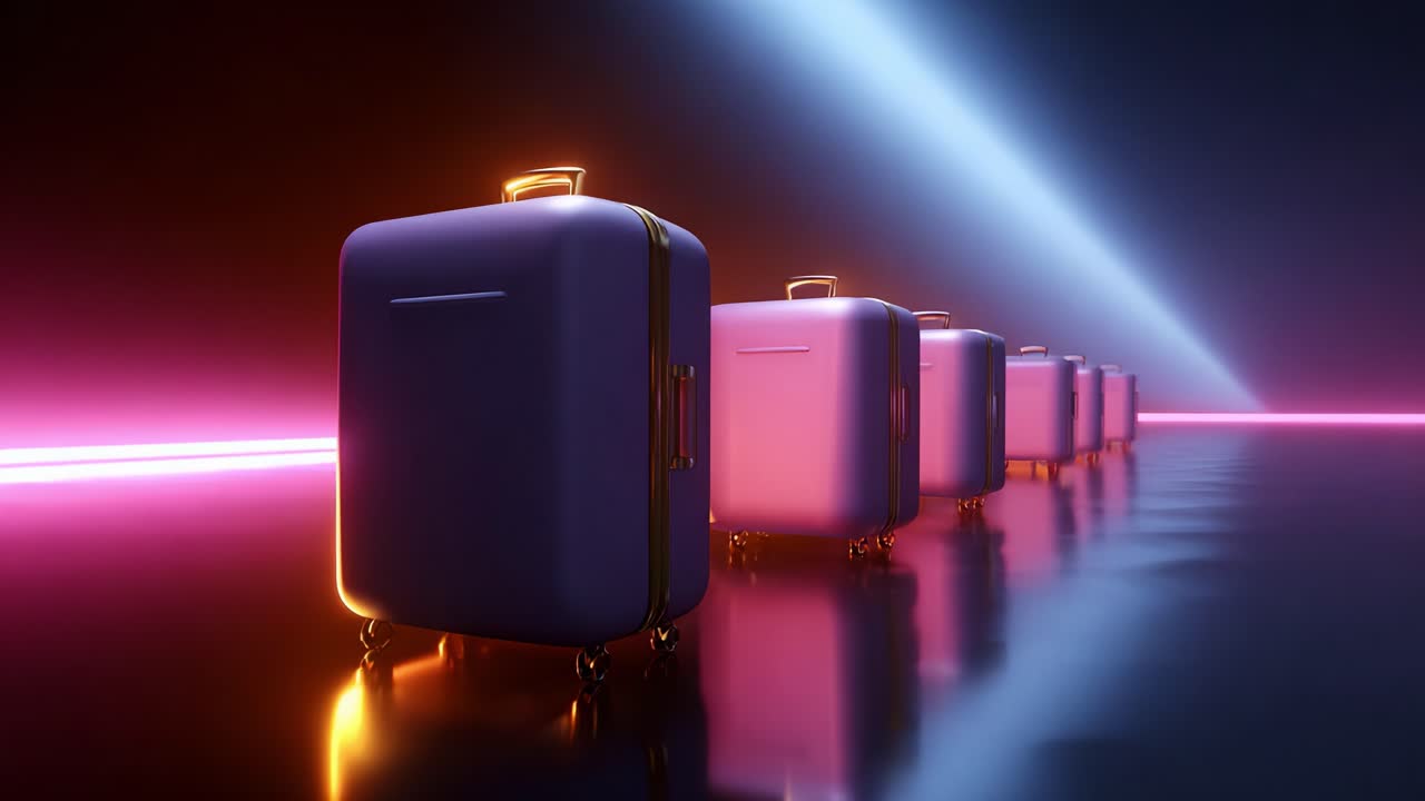A Stunning Array of Modern Luggage in a Futuristic Setting, Highlighting Sleek Design, Shimmering Reflections, and Vibrant Colors that Capture the Essence of Travel and Adventure