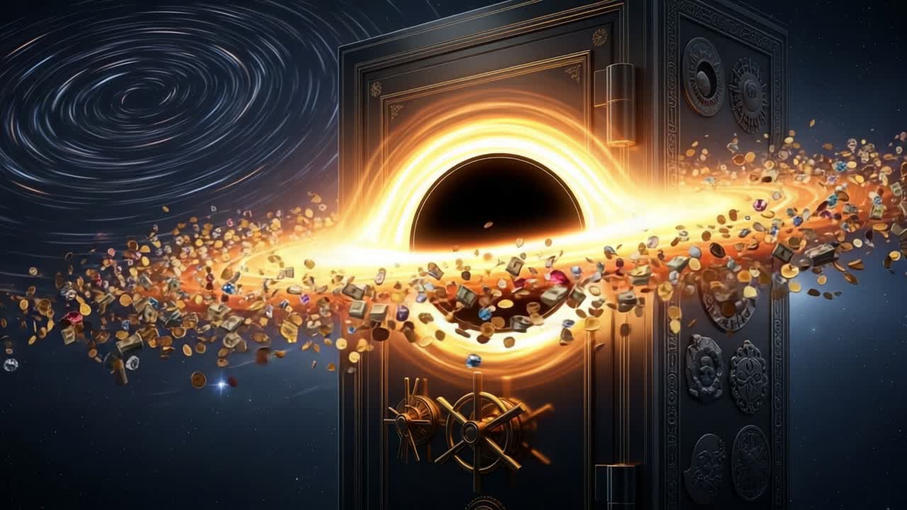 A Mysterious Safe Surrounded by a Cosmic Black Hole and Spinning Treasure - An Enigmatic Adventure Unfolds in the Depths of Space and Time