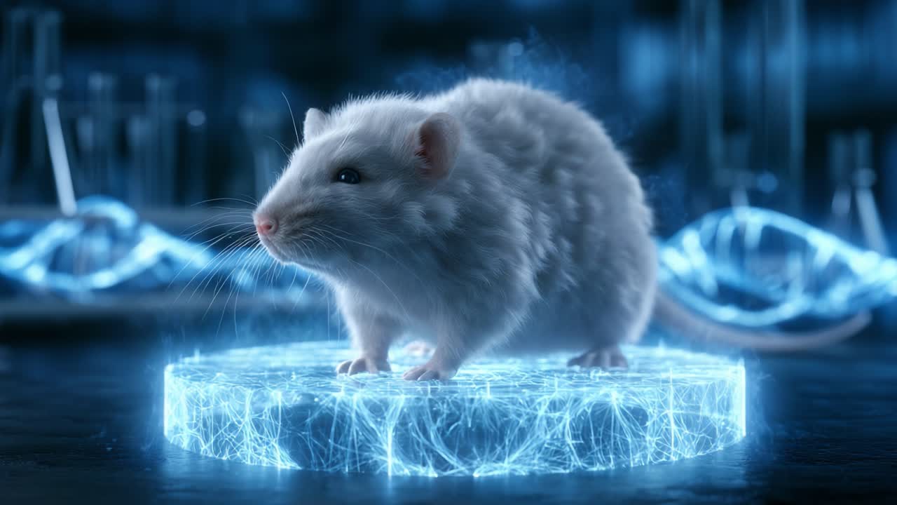 En futuristisk vit mus på en högteknologisk plattform som avger elektrisk energi i en laboratoriemiljö: En inblick i genetisk forskning och innovation.
