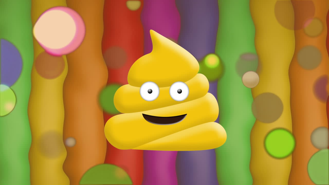 Animation of pile of poo emoji and spots against colorful striped ...