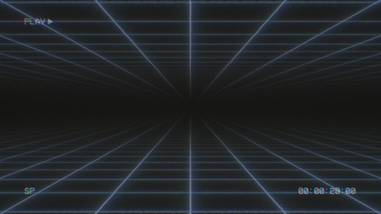 손상된 vhs 테이프, 신스 웨이브 네온 그리드 플레인 플리커 소음, 4k 원활한 루프 모션 배경 애니메이션