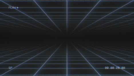 손상된 vhs 테이프, 신스 웨이브 네온 그리드 플레인 플리커 소음, 4k 원활한 루프 모션 배경 애니메이션