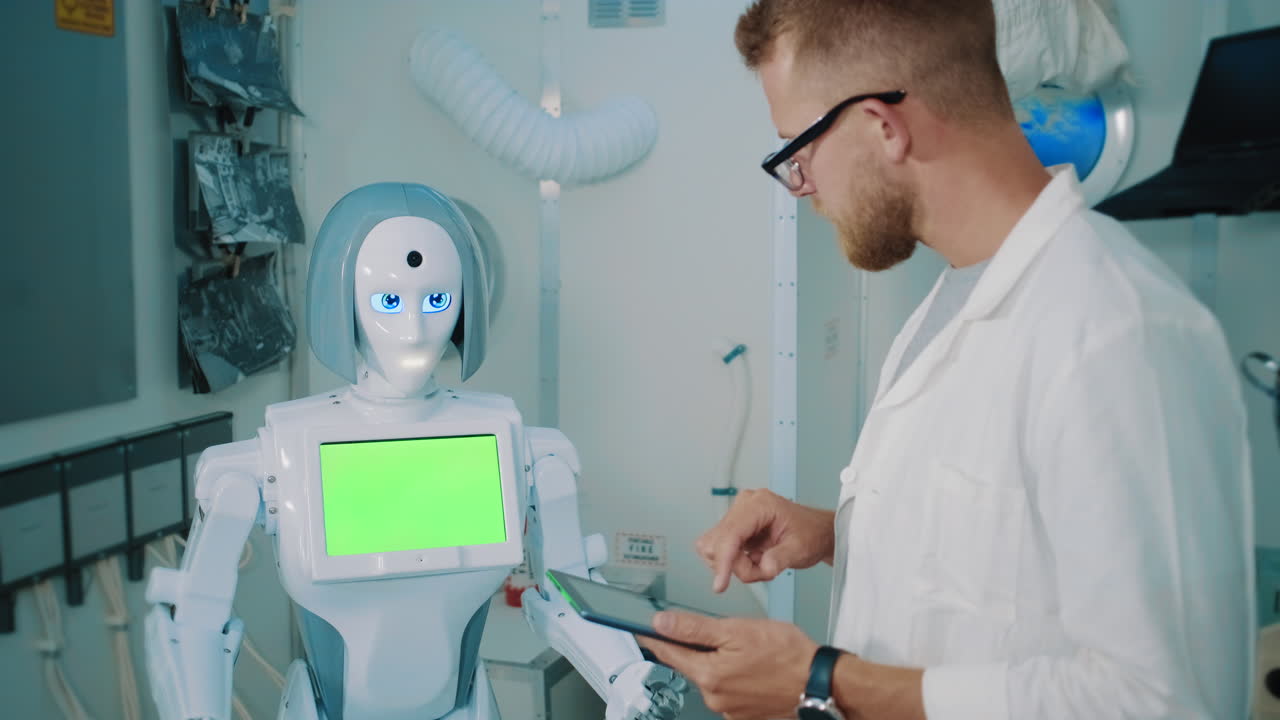 científico interactuando con un robot en un laboratorio
