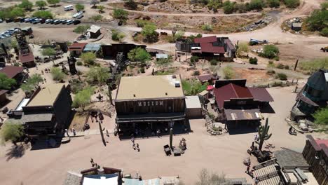 Goldfield-Ghost-Town-in-Phoenix-Az-aerial-drone-view-looking-down-over-the-buildings-part-1