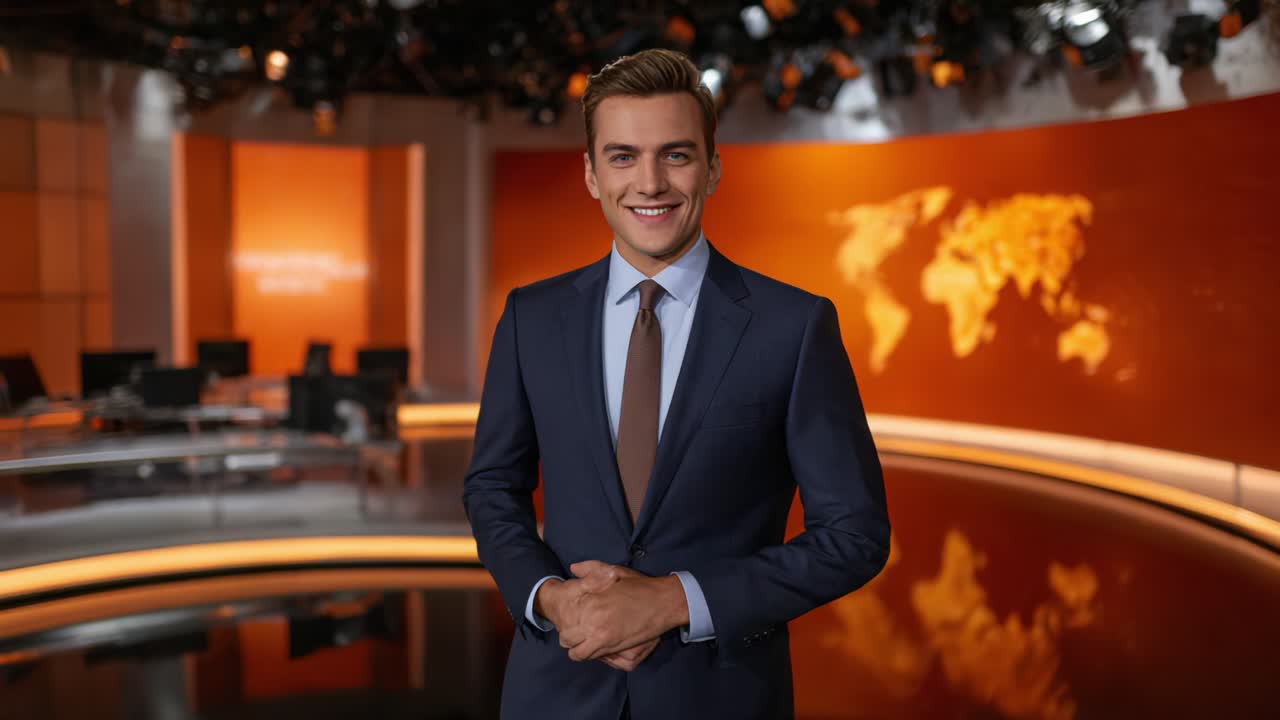 Presentatore di notiziario professionale che fornisce aggiornamenti importanti in un moderno studio con sfondo di una mappa del mondo e illuminazione calda