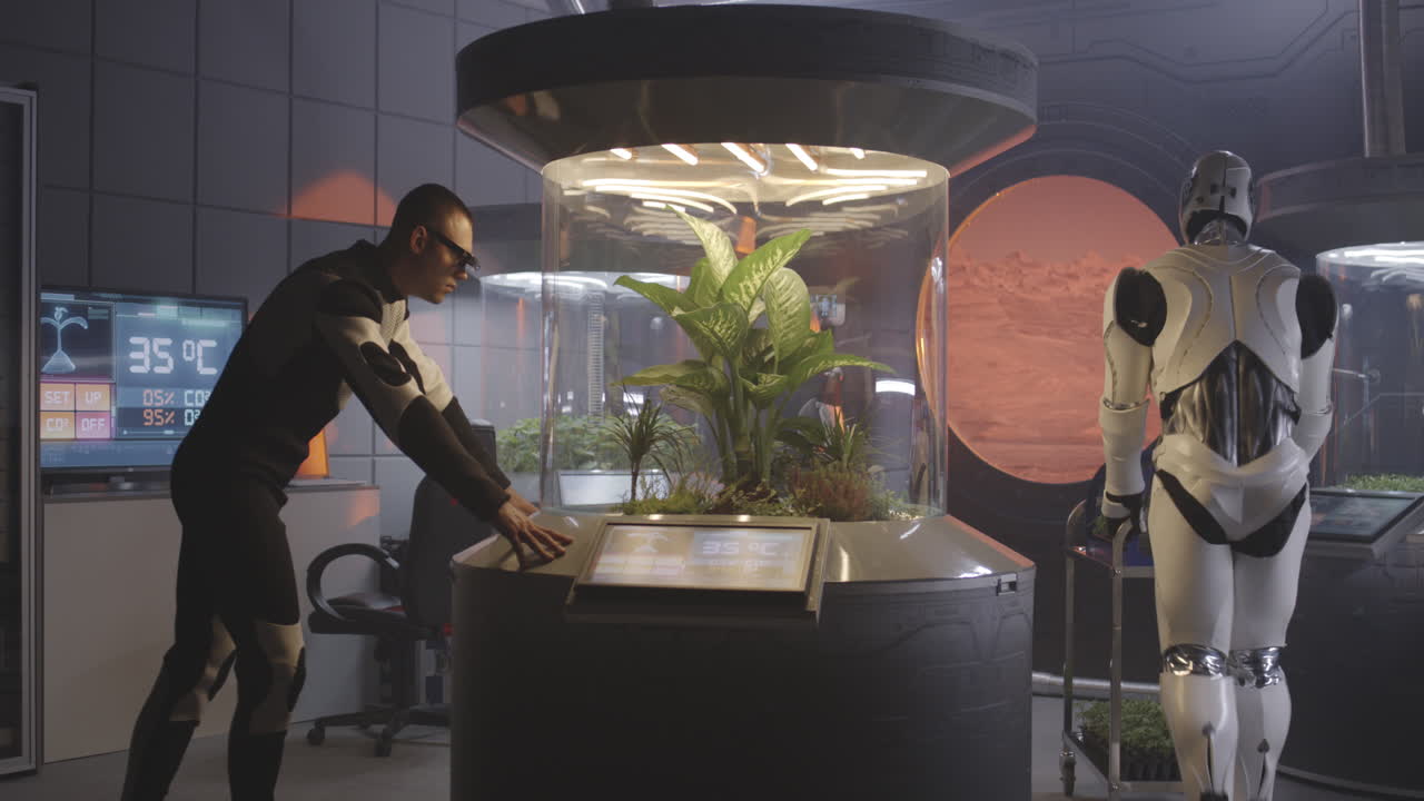 instalación de investigación espacial con planta y robot