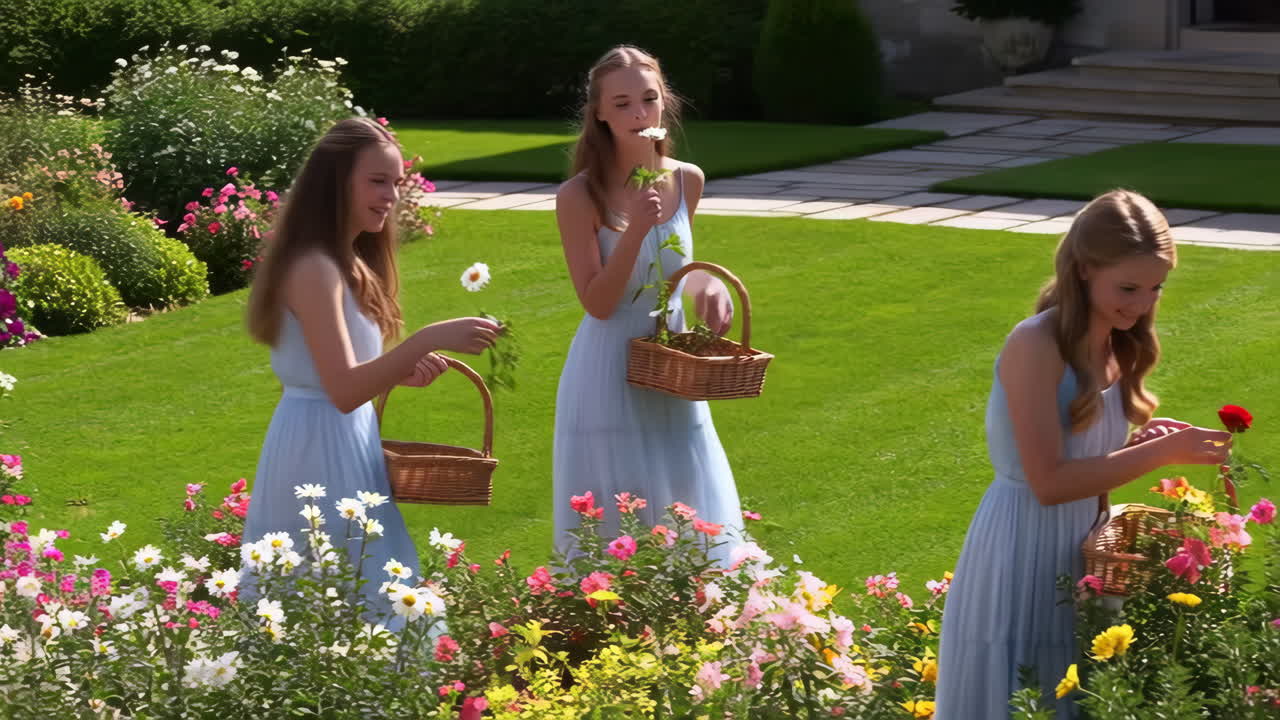 Three young women picking flowers in a vibrant garden
