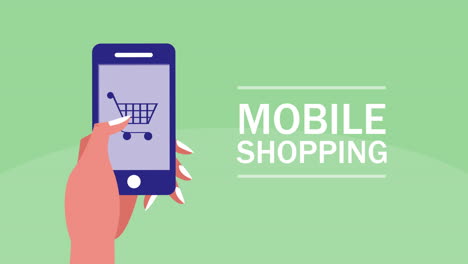 hand holding smartphone with shopping cart icon - mobile shopping