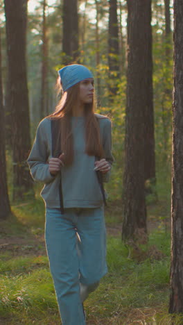 mujer joven caminando a través de un bosque tranquilo, sosteniendo correas de mochila mientras mira pensativamente a la izquierda, la luz del sol de la tarde arroja un brillo cálido, árboles altos y vegetación exuberante alinean su camino