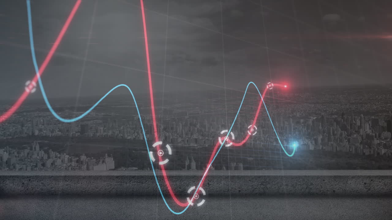 도시 풍경 위의 금융 데이터 처리 애니메이션