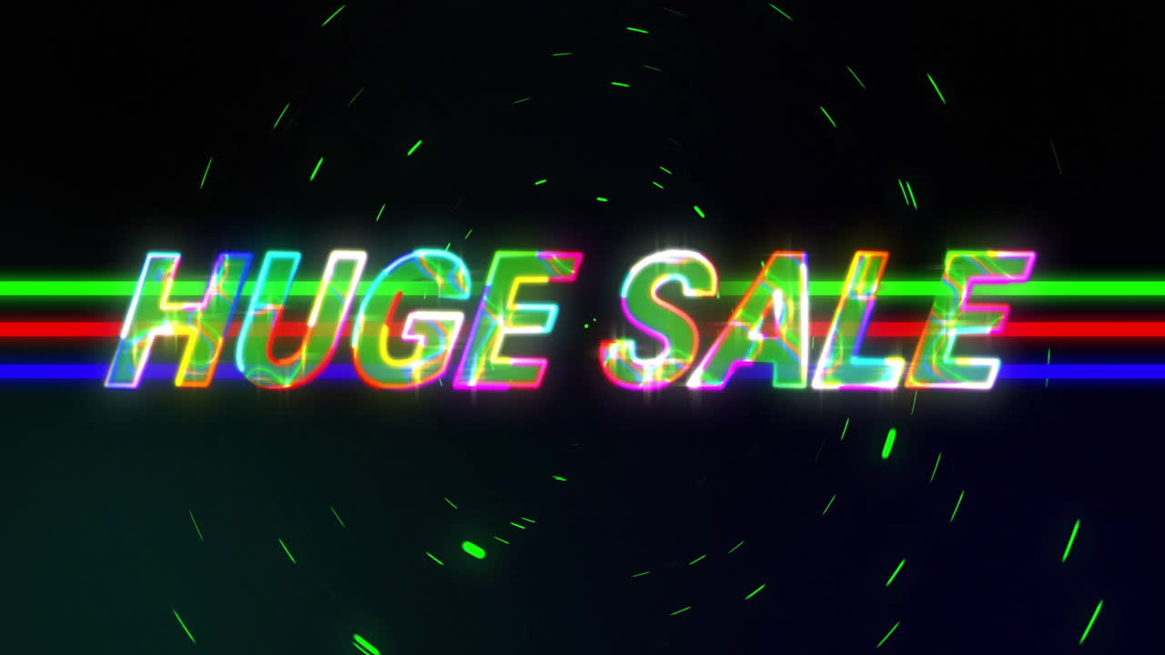 다채로운 글리치 효과와 회전하는 선을 가진 거대한 판매 텍스트 애니메이션
