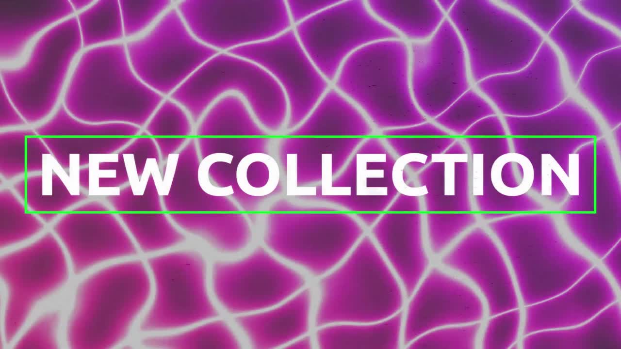 animación de la nueva colección en texto blanco con cruces rosadas y líneas verdes sobre líneas rosadas brillantes