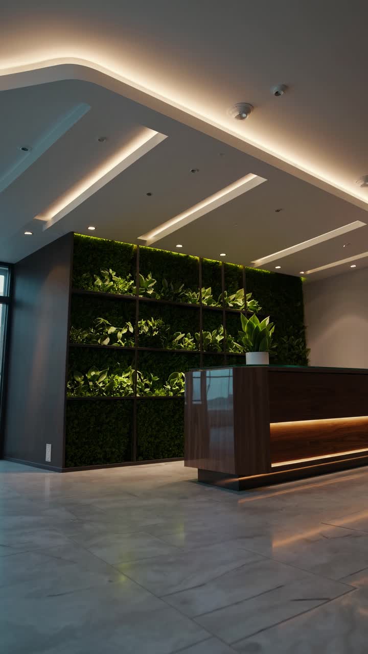 Modern office lobby with vertical garden and sleek reception desk