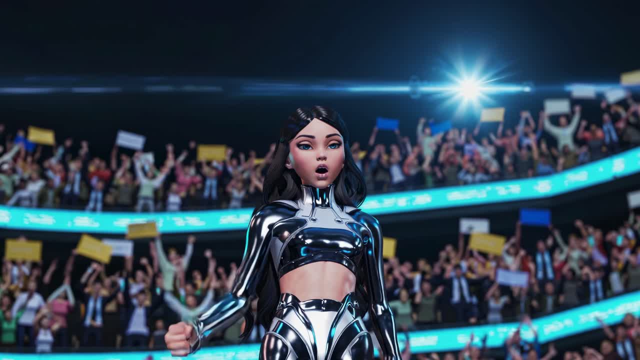 사이버 크 여성이 승리를 축하합니다.