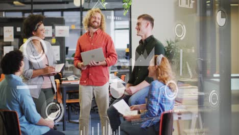 animation of statistical data processing on team of diverse colleagues discussing together at office