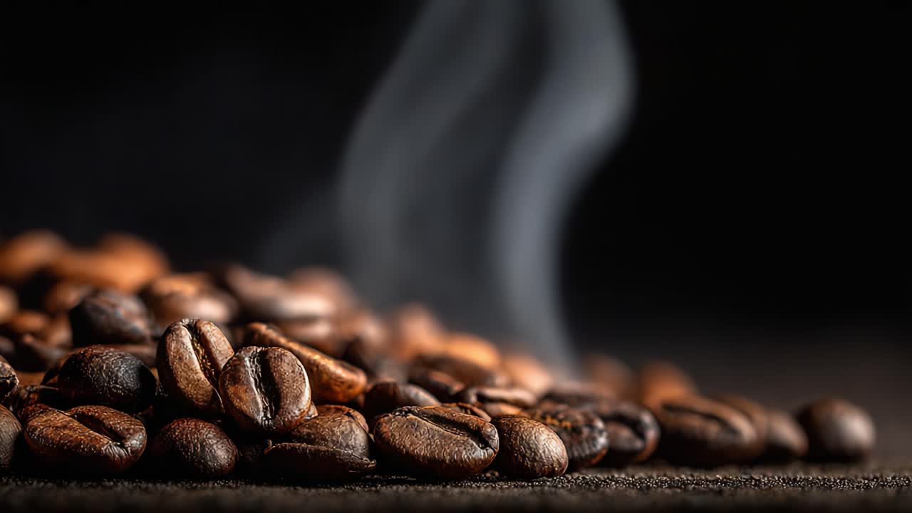 Et kunstnerisk billede af friskristede kaffebønner med stigende damp, der fremhæver aromaen og den rige tekstur af bønnerne i en mørk ramme.