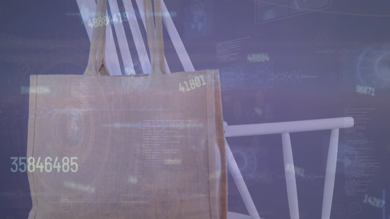 추상적인 배경에  의자에 매달린 가방 위에 여러 번 변하는 숫자의 애니메이션