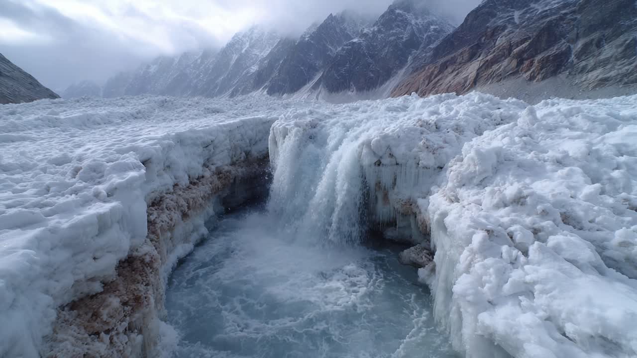 Majestic Glacial Waterfall Surrounded by Icy Terrain and Rugged Mountains in a Stunning Arctic Wilderness Landscape Captured in Compelling Motion Sequence