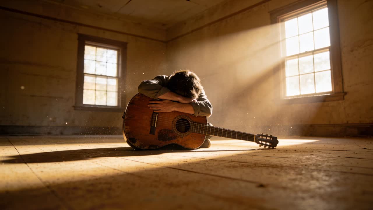 Kamera trækker sig tilbage, mand i langærmet trøje krammer akustisk guitar i et spartansk rum og søger trøst