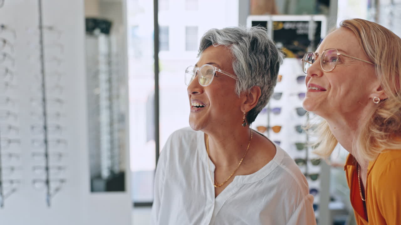 Woman, eyewear shopping and eyecare with smile