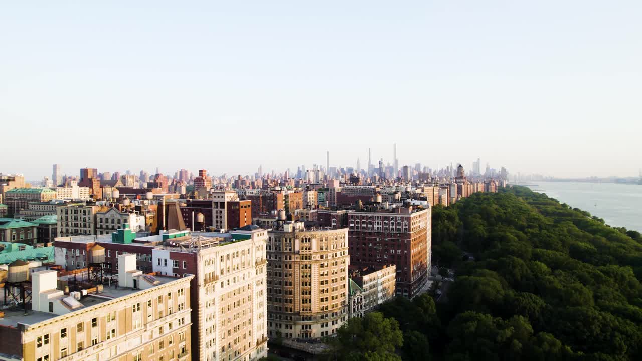 Calm summer evening drone shot, Manhattan's Upper West Side, NYC