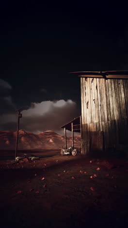 abandoned house in the desert at sunset