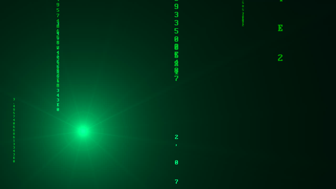 Binary Code numbers with eerie green glowing Light Moving over Space