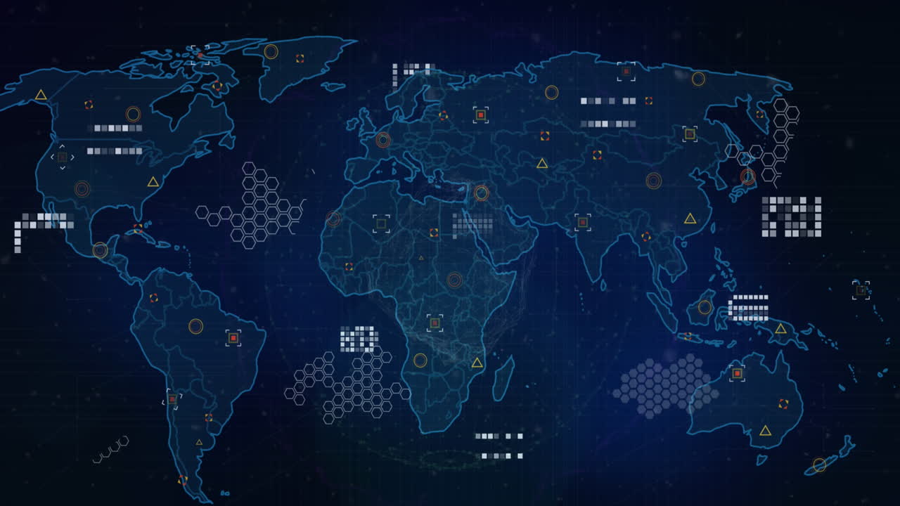 Animation of world map over globe of network of connections spinning against blue background