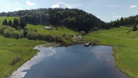 toma de drones de un hermoso lago de montaña con reflejo del sol