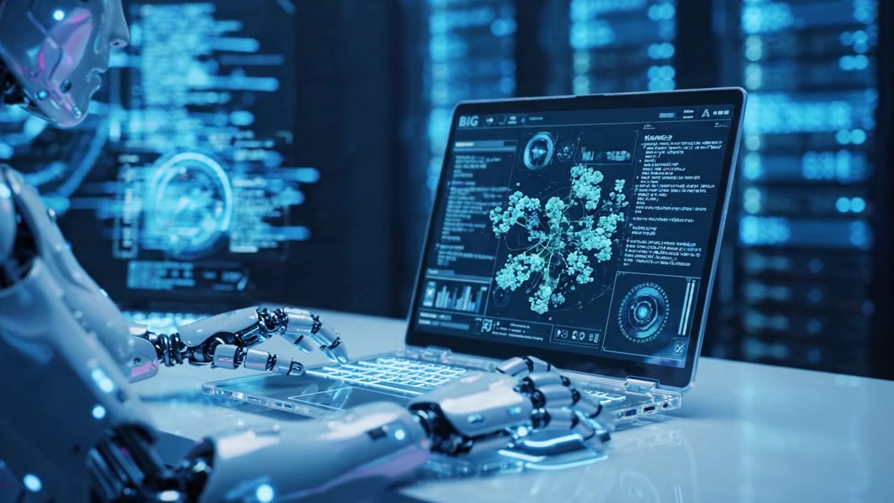 Advanced AI Robot Analyzing Complex Data on Computer Screen in a High-Tech Environment, Showcasing Artificial Intelligence and Data Processing Innovations