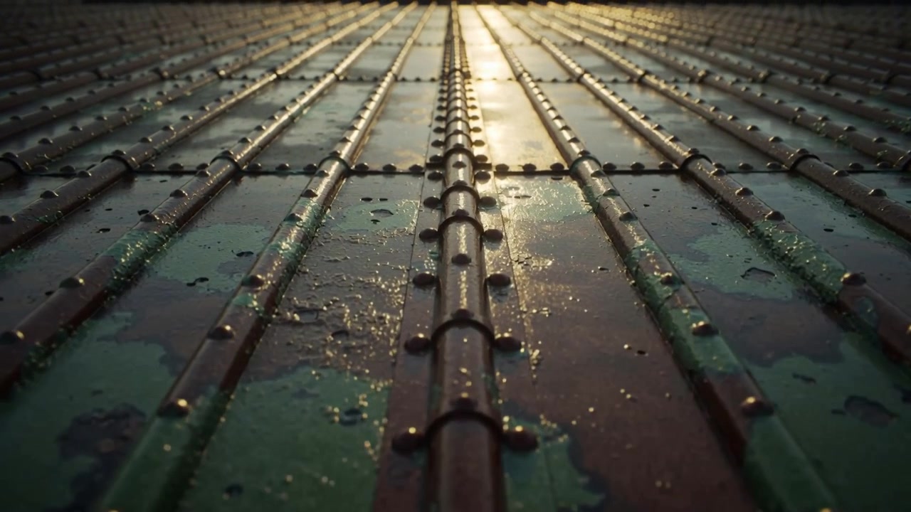 Moving low-angle camera pushing forward from tight riveted seam shot toward sun, revealing wet ribs